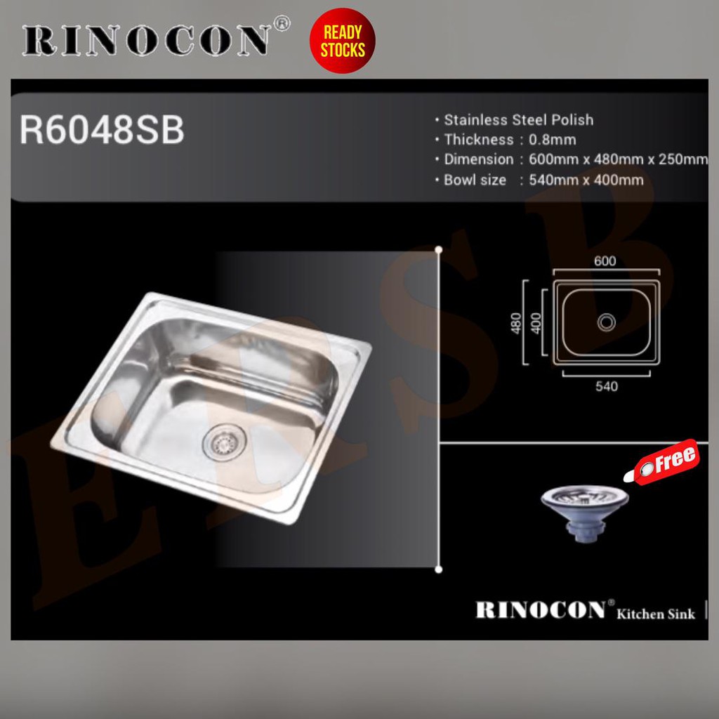Stainless Steel Single Bowl Kitchen Sink RINOCON R6048SB | Shopee Malaysia