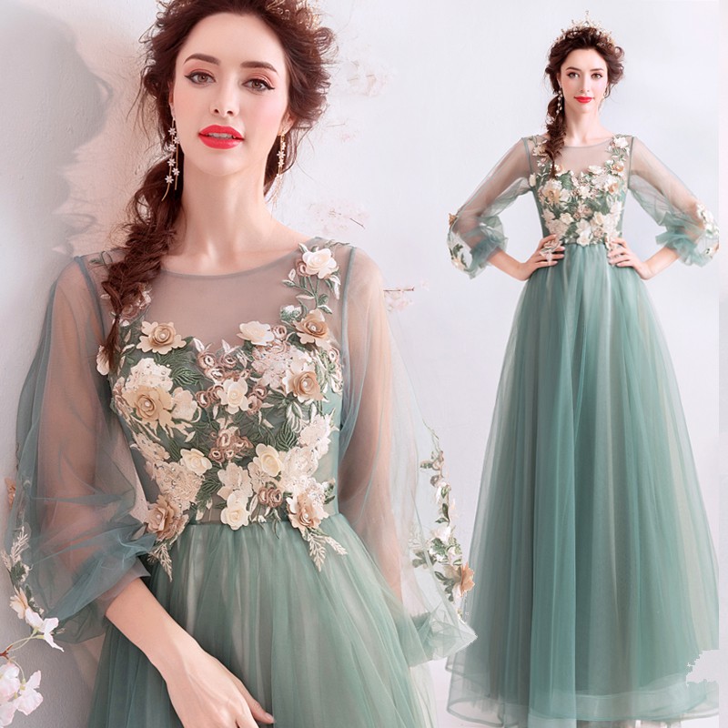 XS~3XL Long Sleeve Green Fairy Tale Bridal Pre Wedding Dinner Costume Dress  Gown | Shopee Malaysia