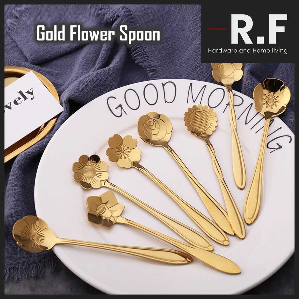 18cm GOLD Colour Stainless Steel Sudu Bunga Flower Spoon Creative ...