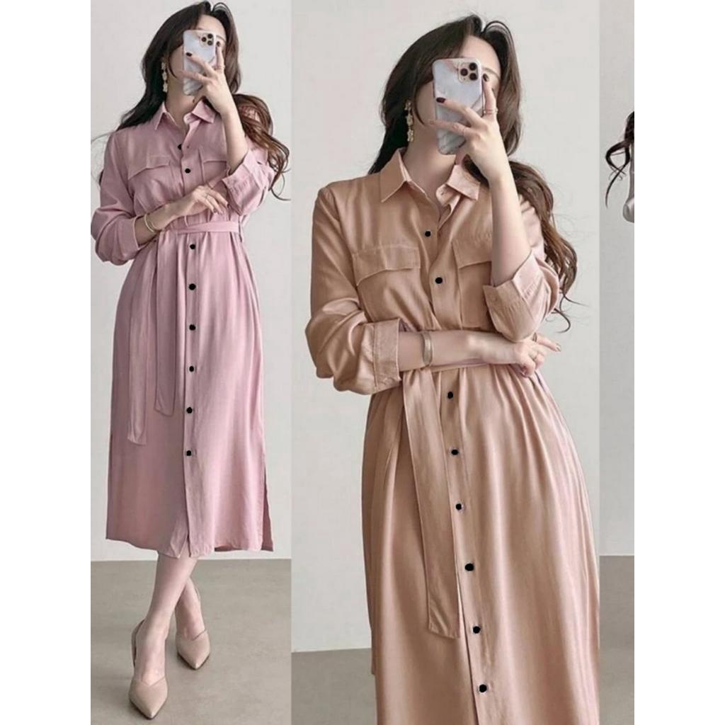 KEMEJA Oversized Pocket Women s Shirt Dress With Belt Korean Style Plain Tunic Shopee Malaysia