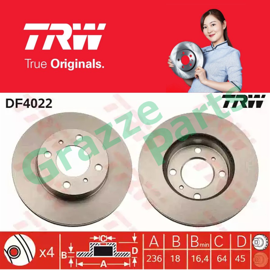 2pc) TRW Disc Brake Rotor Front for DF4022 Proton Wira 1.5 (236mm