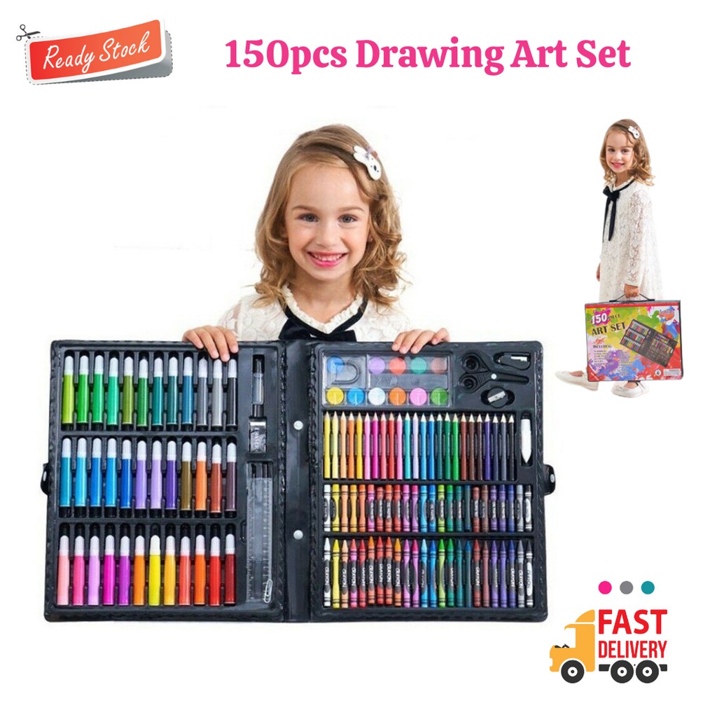 150pcs Painting Tool Kit For Kids Including Oil Pastels, Watercolor Pens,  Crayons, Pencils In A Graffiti Gift Box