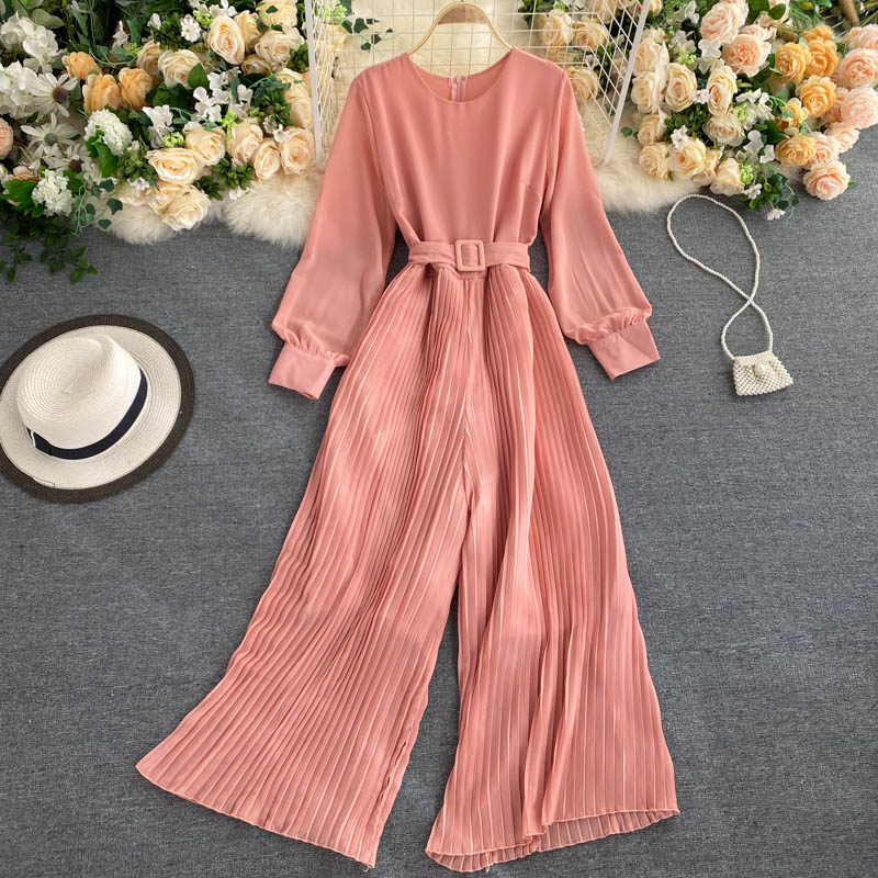 korean women chiffon summer round neck pleated chiffon long sleeve wide leg rompers jumpsuits ready stock new Shopee Malaysia