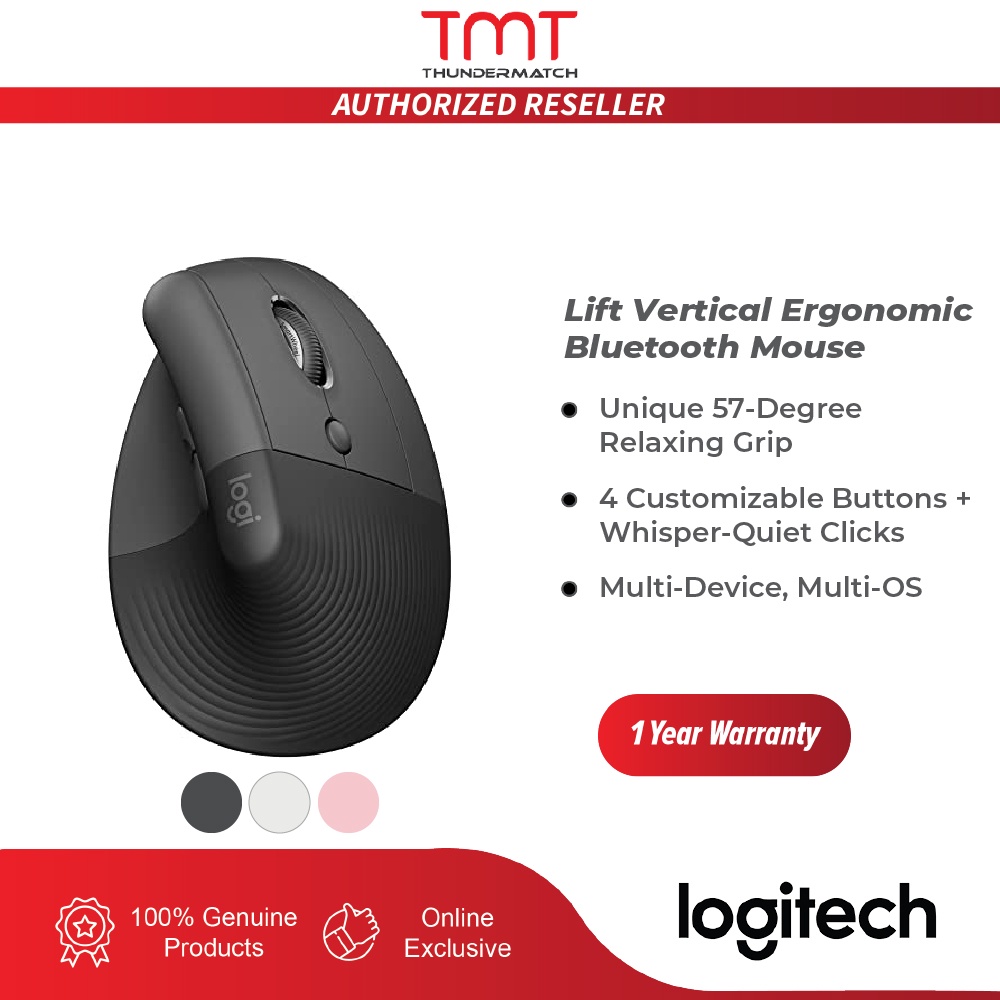 Logitech Lift Vertical Ergonomic Mouse, Wireless Bluetooth, Quiet clicks, 4 buttons