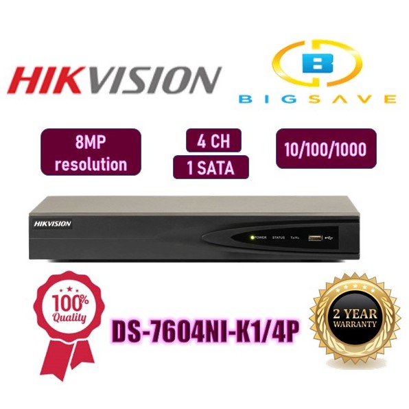 HIKVISION 4CH / 4 CHANNEL DS-7604NI-K1/4P(B) 1U 4POE 4K NVR NETWORK ...