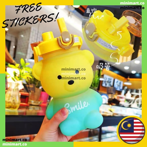 800ML Mini Gradient Bear Water Bottle with Straw Straps Kids Tumbler ...