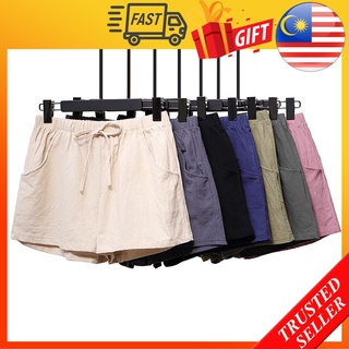 Ready Stock】 Women Casual Short pants Elastic Waist New Summer Style Cotton  Linen Wide Leg Pants Loose Beach Shorts