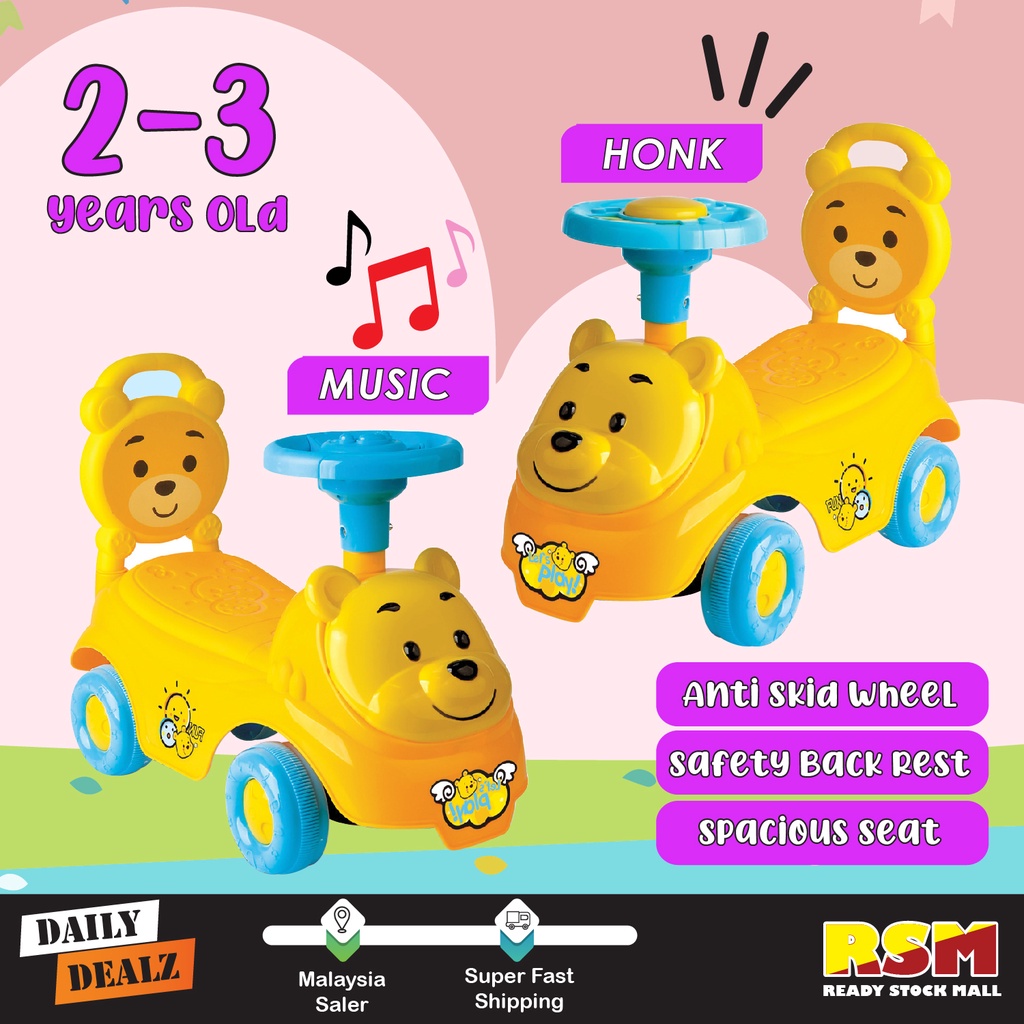 Cartoon Pooh 1-3 Years Old Baby Ride On Push Car with Safety Back Rest ...
