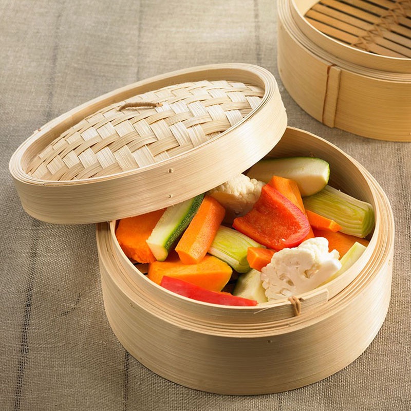 Natural Bamboo Round Dim Sum Steamer Cage Dishes Steaming Basket with ...