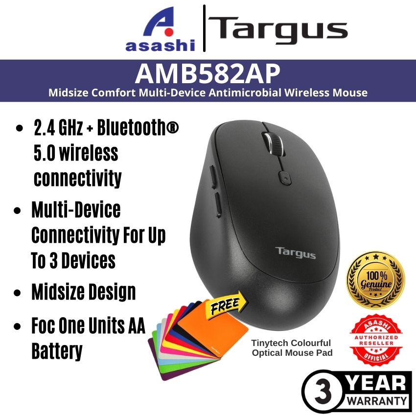 Targus Midsize Comfort Multi-Device Antimicrobial Wireless Mouse AMB582AP /  AMB582 / B582