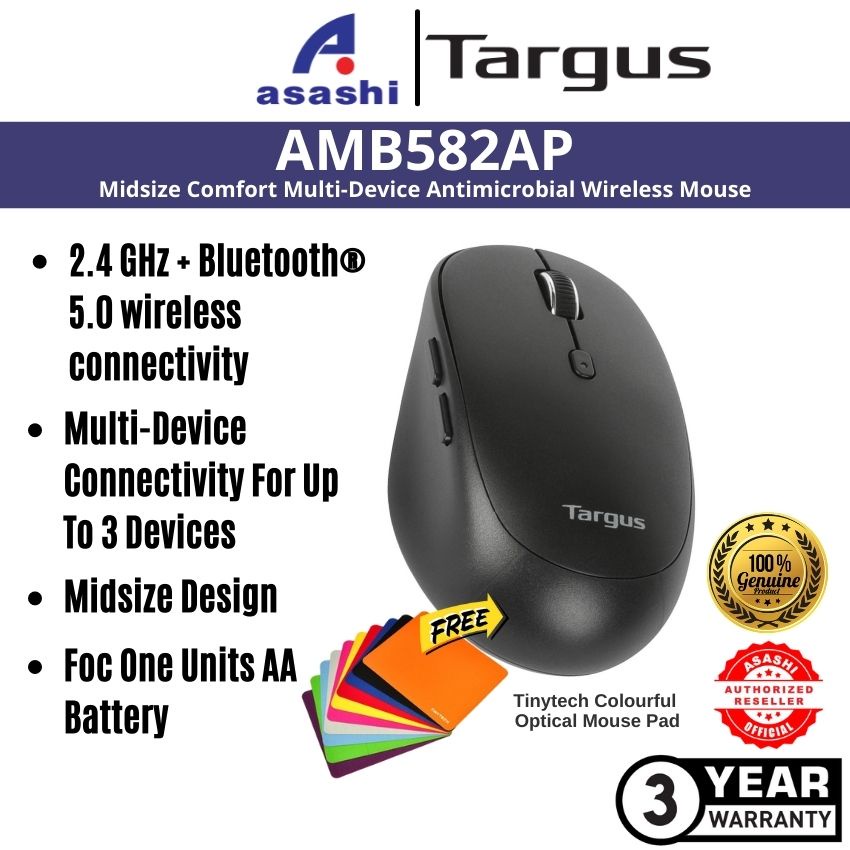 Targus Midsize Comfort Multi-Device Antimicrobial Wireless Mouse ...