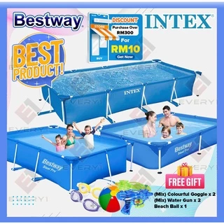 BESTWAY 58106 & 58107 2 Sizes Pool Cover Rectangular Frame Pool Cover W Rope  Tie Swimming Pool Top Cover Penutup Kolam