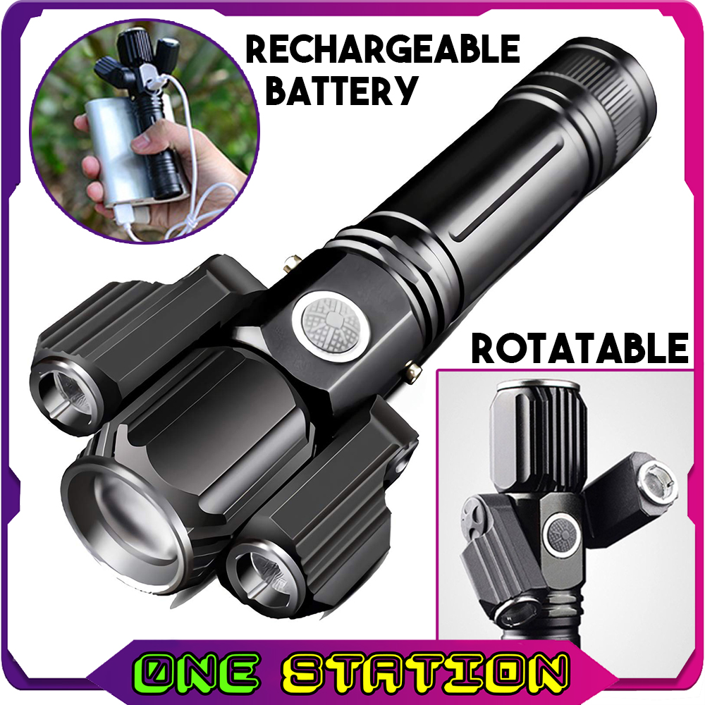 Tactical Outdoor LED Rotatable Torch Light Rotating Flashlight USB ...