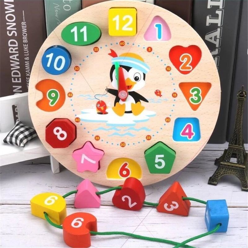Smart wooden clock toy for children to learn numbers, shapes, tell time ...