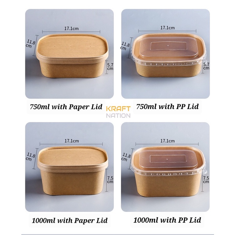 [Premium] 580/650/750/1000ml Kraft Paper Rectangular Lunch Box with ...
