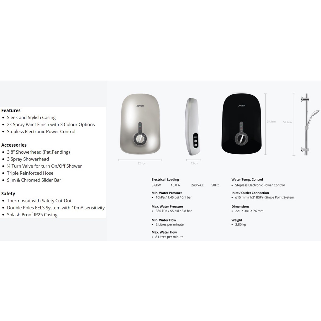 Joven SA20E / SA10E / SA8E Instant Water Heater Without Pump With ...