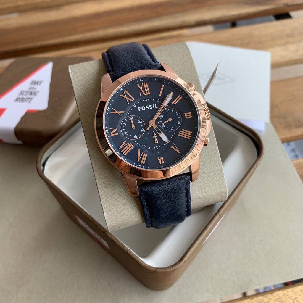 Grant chronograph navy leather watch online