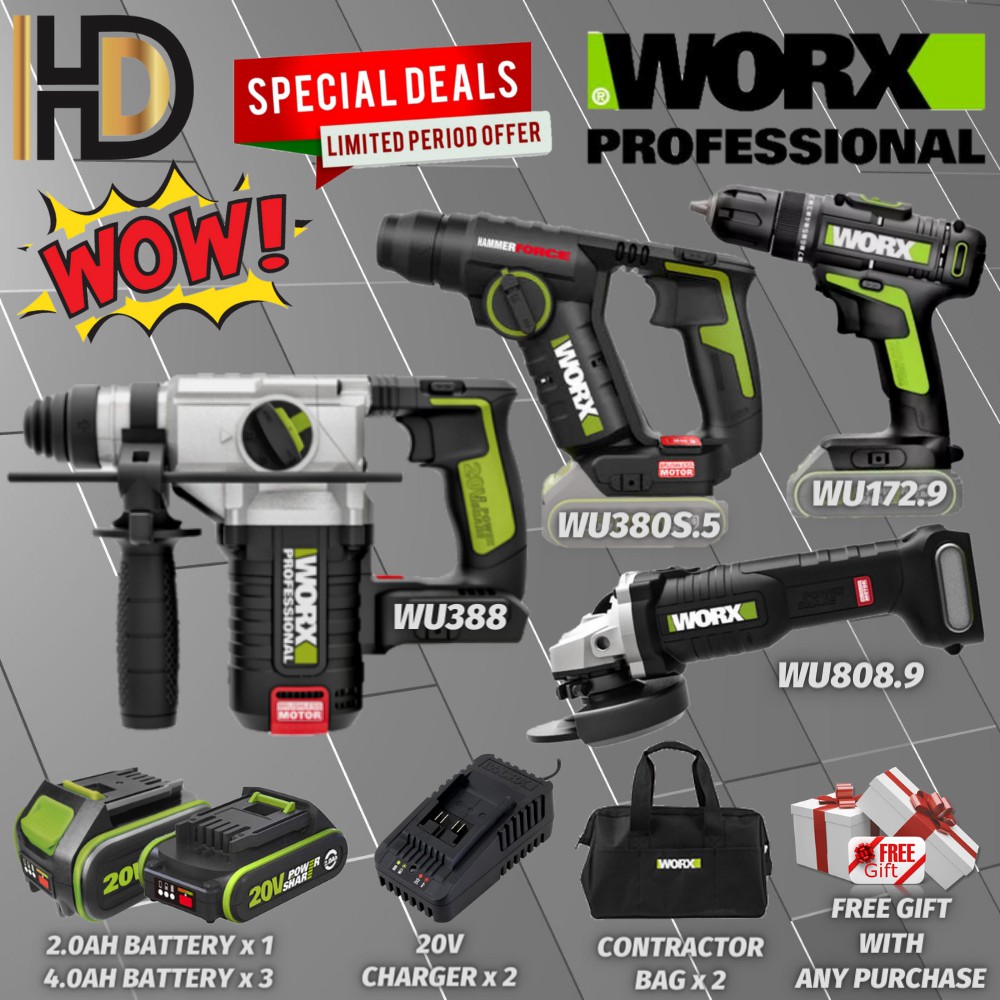 WORX 20V SUPER COMBO SET PACKAGE 4 IN 1 WU388 WU808.9 WU380S.5