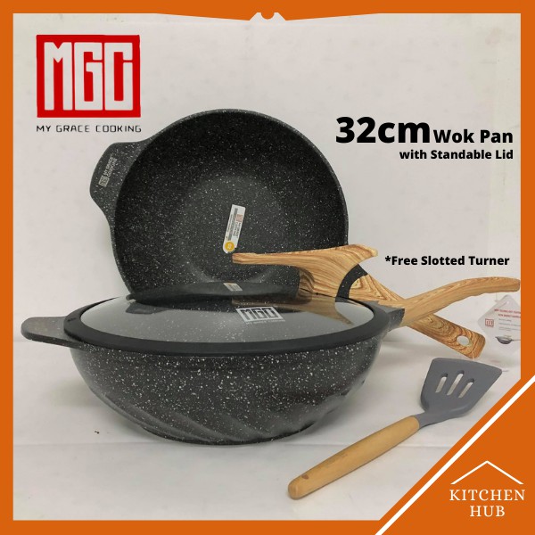 MGC 32cm Die Cast Granite Non Stick Wok Pan with Standable Lid with ...
