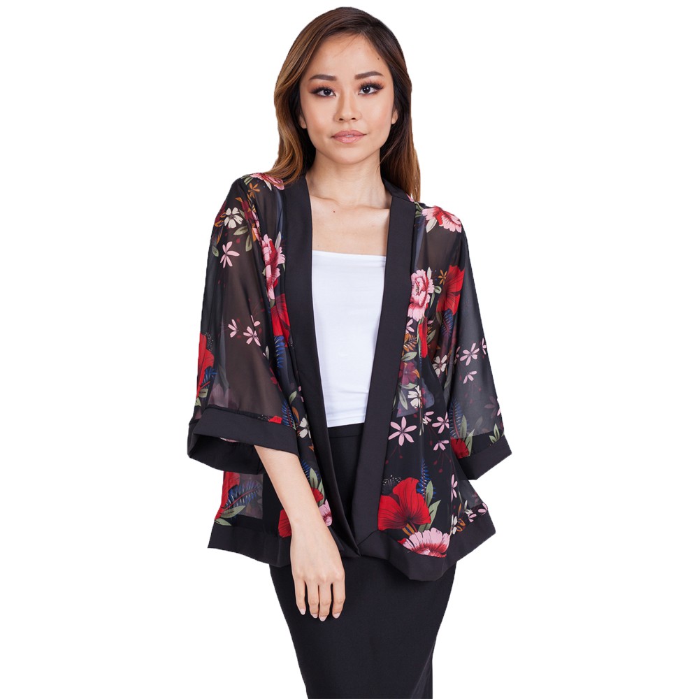 Red Floral Chiffon Kimono Cardigan Top Shopee Malaysia