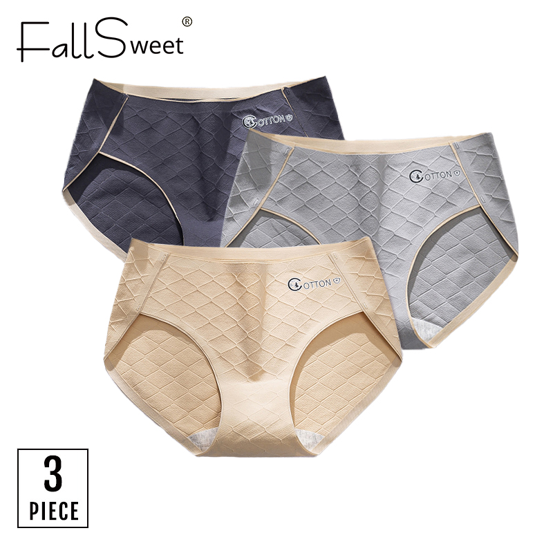 FallSweet Women Underwear Cotton Panties Mid Waist Girls Briefs Comfortalbe  Solid Underpants M to XL (3 Pcs/Pack)
