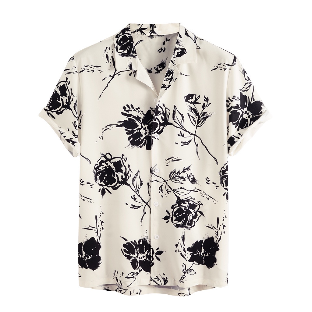 Mens floral printing ethnic style cotton shirts short sleeve loose casual shirt tops shop