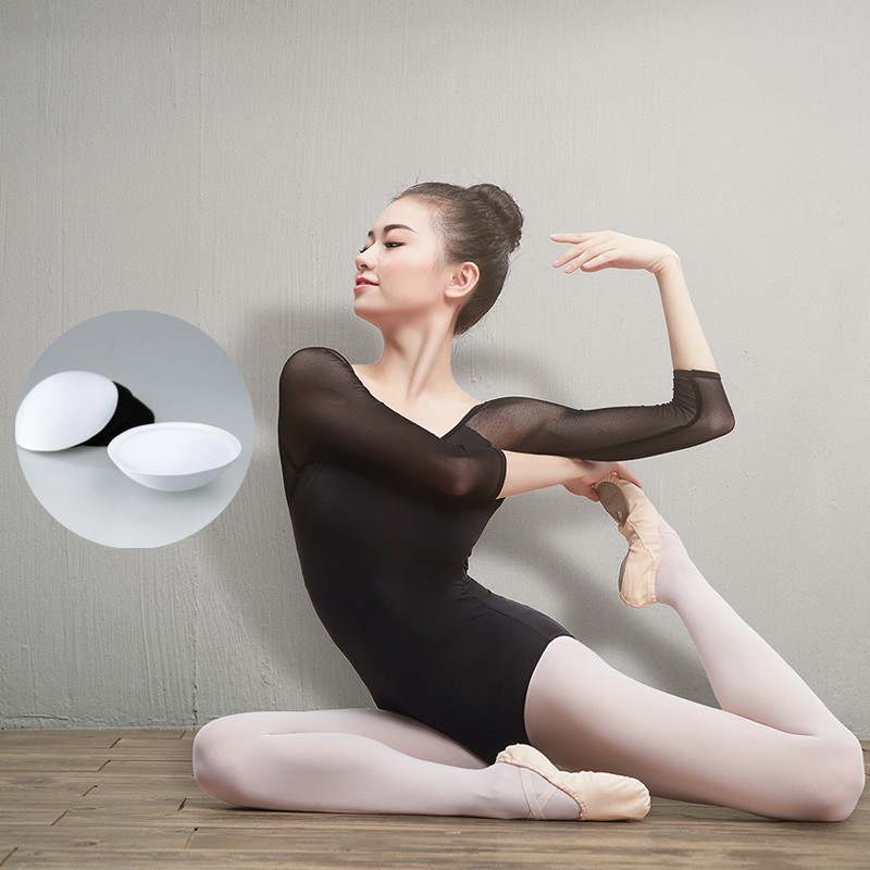 Women Ballet Dance Leotard Mesh Splice Adult Black Bodysuit