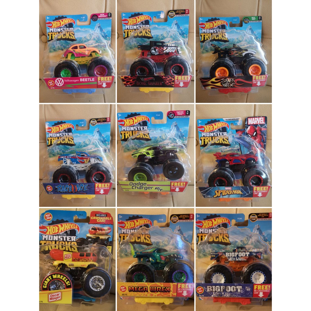 Hot Wheels Monster Trucks Beetle Bone Shaker Shark Wreak Race Ace Dodge ...