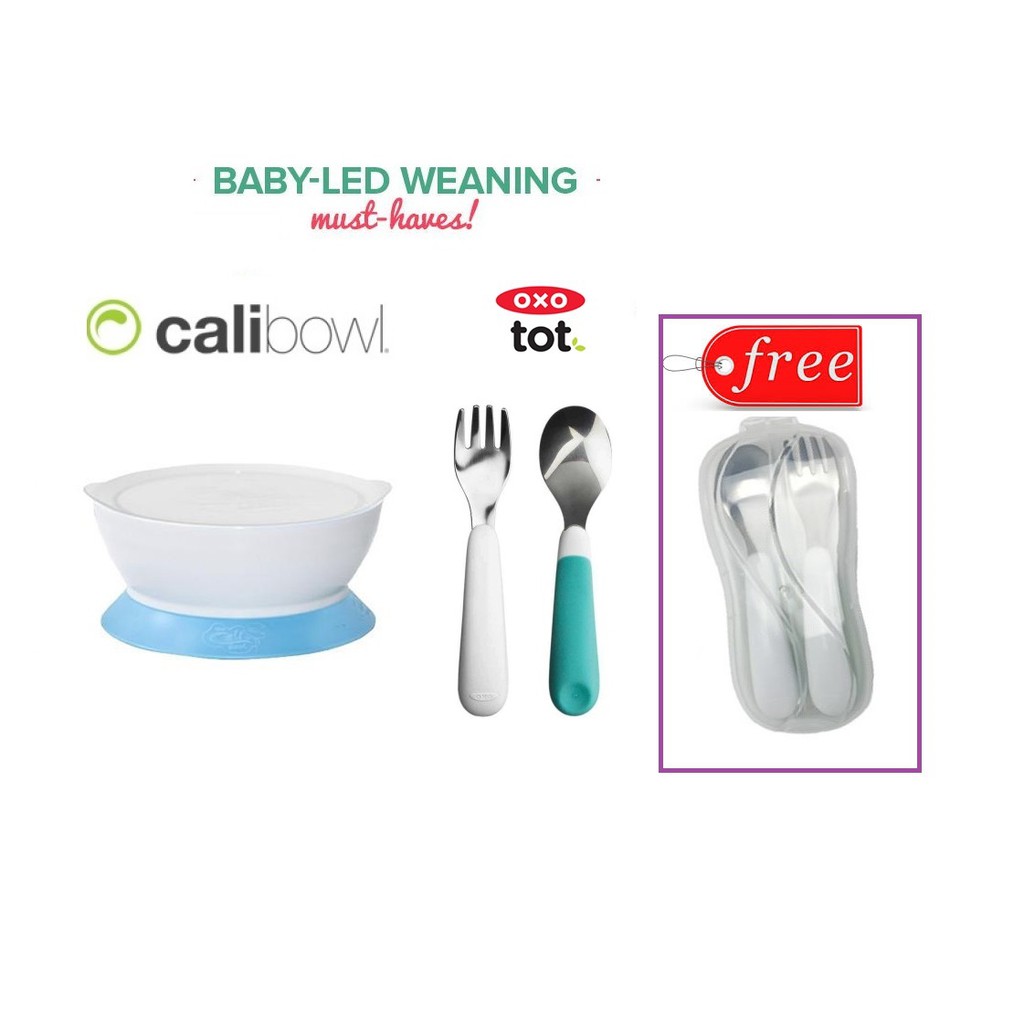 CaliBowl 12oz Non-Spill Suction Bow w Lid + Oxo Tot Fork spoon Set ...