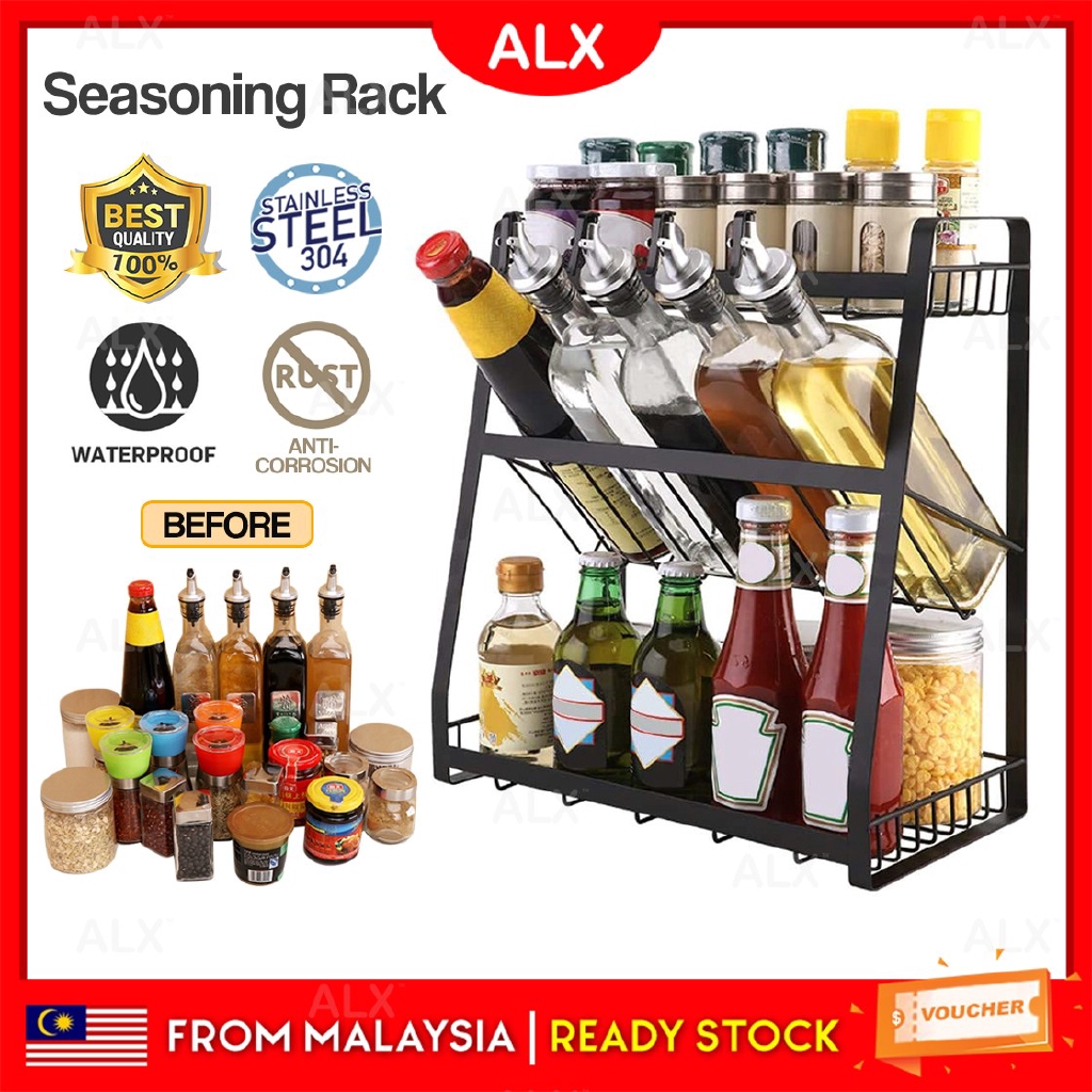 (Crazy Sales) 3 Layers Kitchen Seasoning Rack Spice Salt Sugar Bottle ...