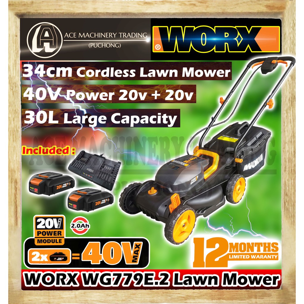 Worx Lawn Mower 34cm WG779E.2 20Vx2(Convert 40V) 30L Capacity Cordless ...