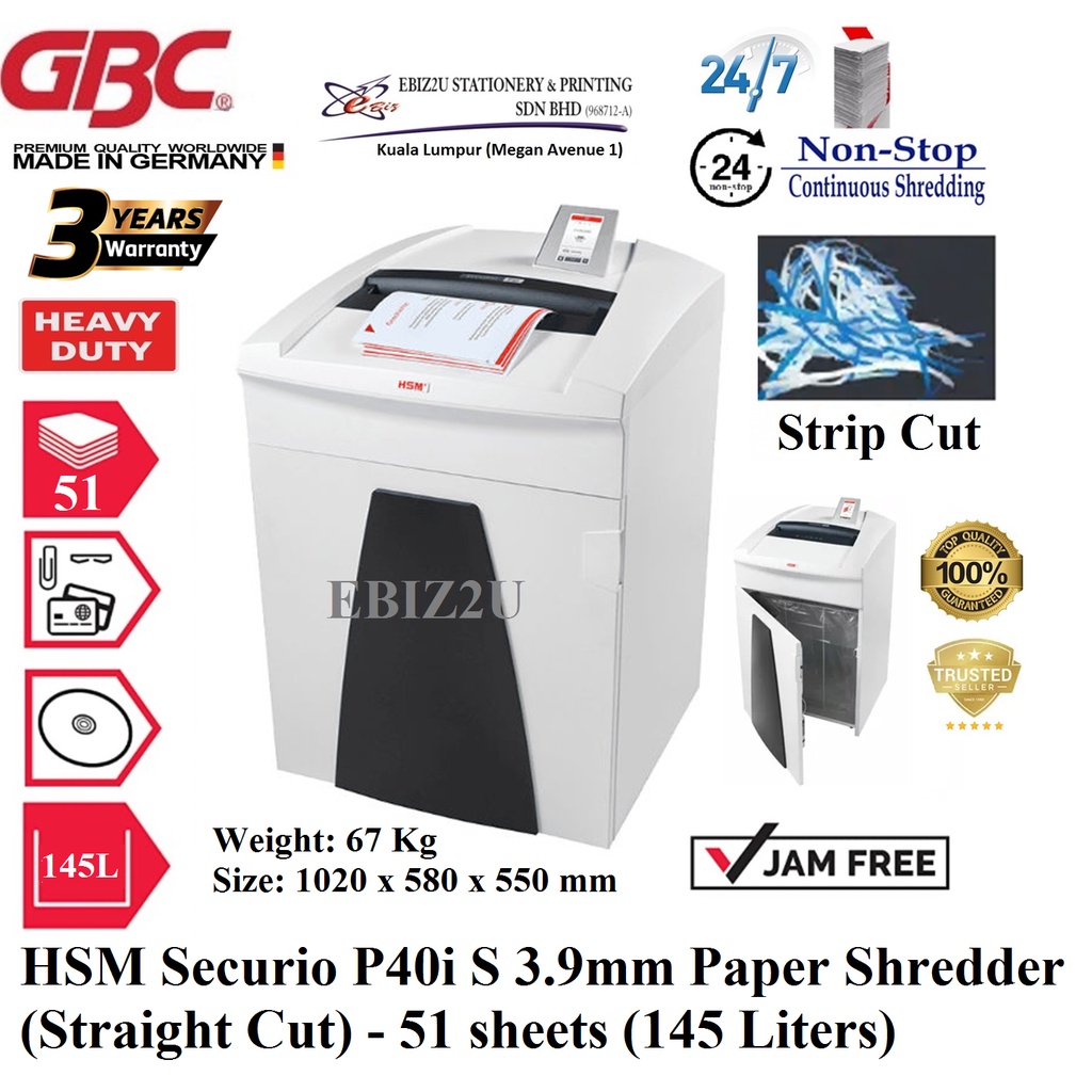 HSM Securio P40i S 3.9mm Paper Shredder (Straight Cut) - 51 sheets (145 ...