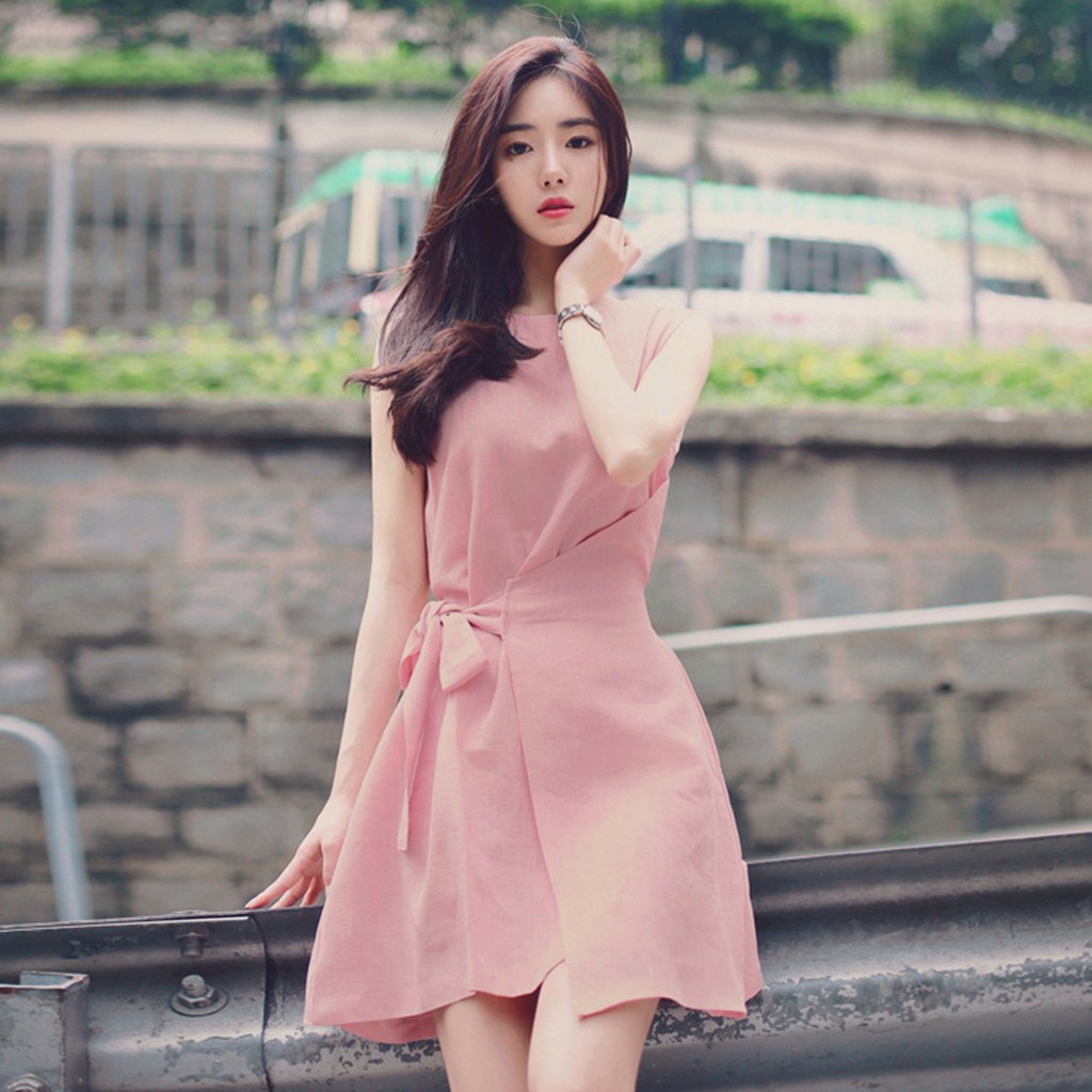 Ready Stock Women Korean Fashion Pink Sleeveless Bowknot linen Irregular Dress Shopee Malaysia