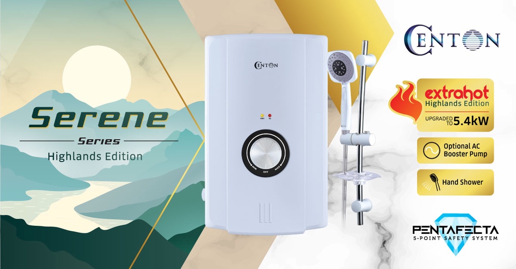 CENTON Instant Shower Water Heater - Serene Series Highlands Edition |  5.4kW Advanced Heating (with optional pump) | Shopee Malaysia