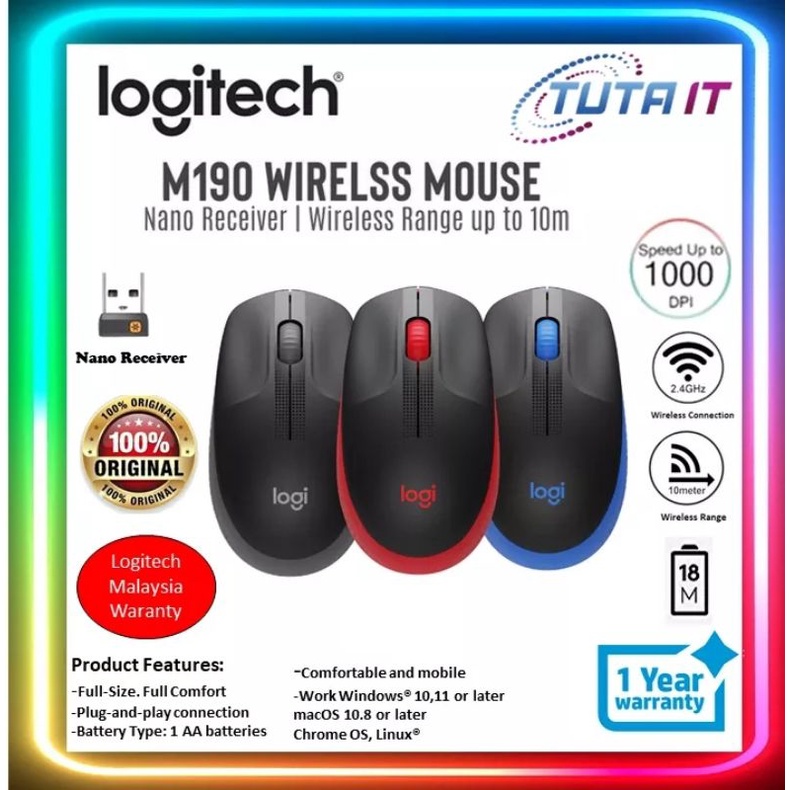 Logitech M190 Wireless Mouse Full Size Comfort Curve Design Charcoal 910 005913 Blue 910 1726