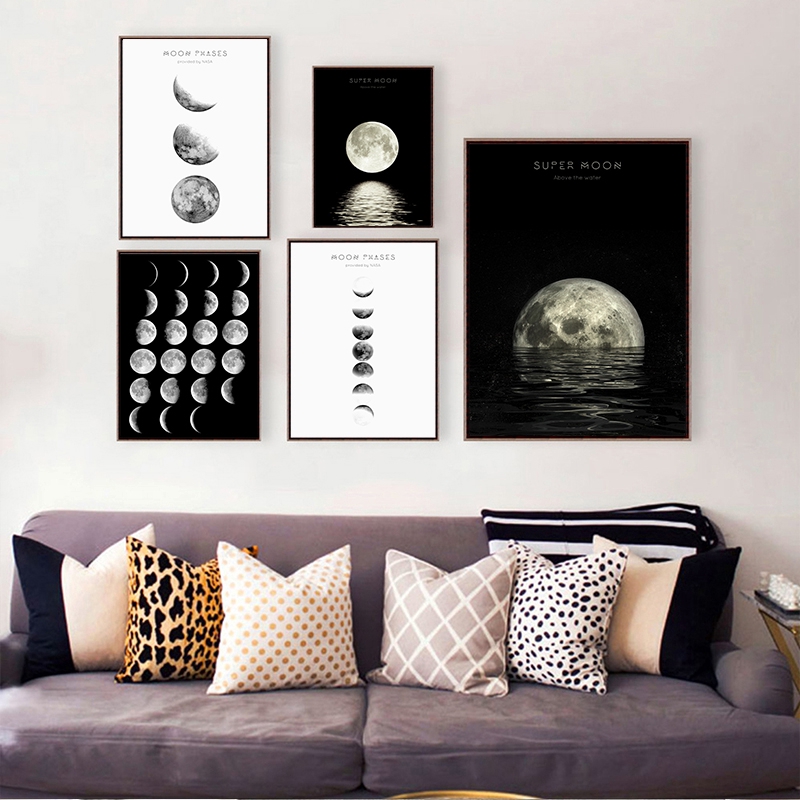 Modern Abstract Creative Black And White Moon Canvas Painting Art Print ...