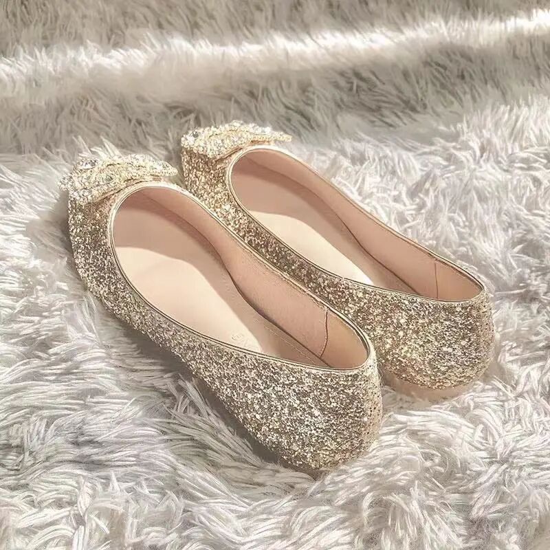 Wedding shoes Rhinestone Pointed Toe Flats Shoes Sequins Shallow