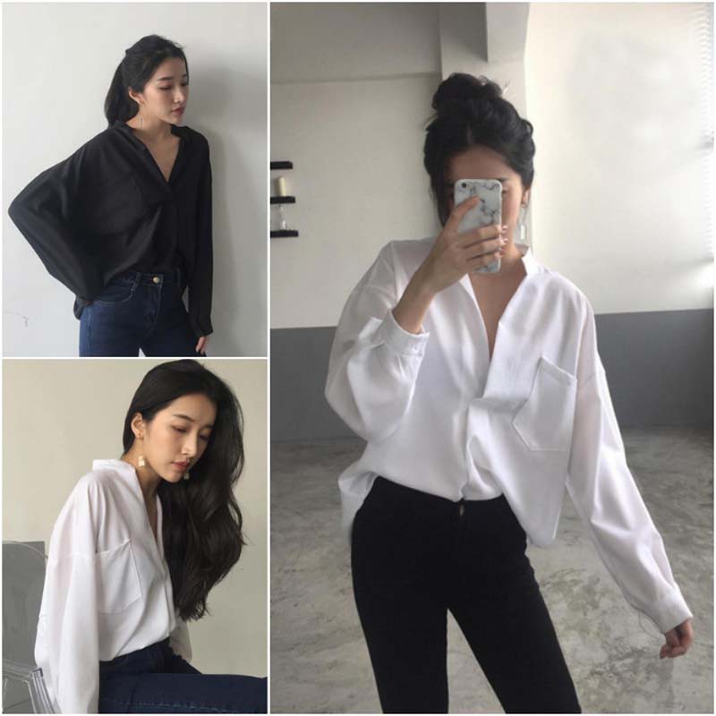 Casual Style Women Long Sleeve V neck Solid Loose Shirt Shopee Malaysia