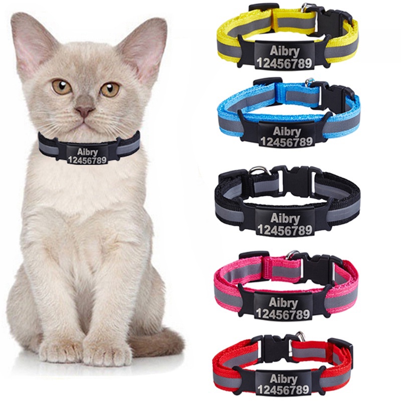 Custom ID Name Tag Cat Collar Bell Necklace Safety Reflective Nylon Kitten Cat Collar