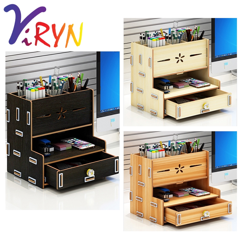 ViRYN Pen Holder Wooden Storage Box Organizer Multifunctional Study ...