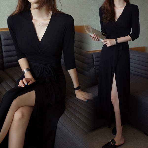 Ladies V neck Bandage Wrap Dress Solid Long Sleeve Split Irregular