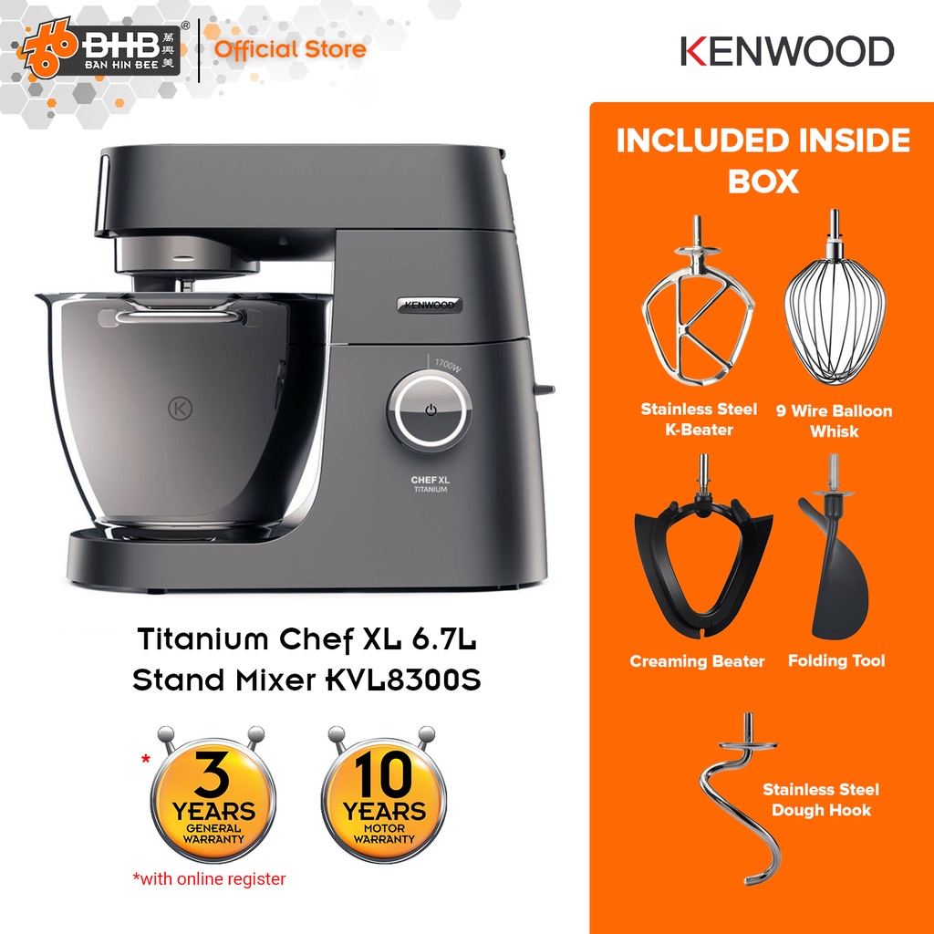 Kenwood 6.7L Chef XL Titanium Stand Mixer with 5 Attachments, KVL8300S