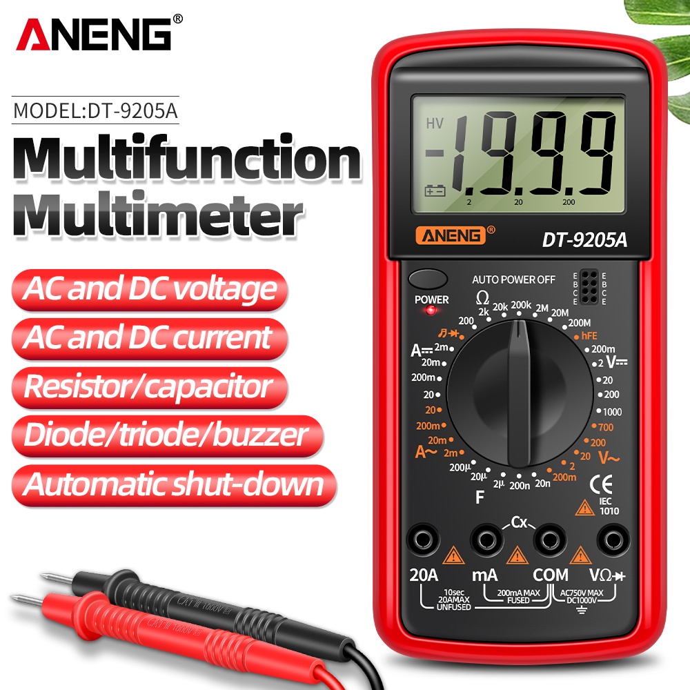Macrocontrol ANENG DT9205A Multimeter Digital AC/DC Transistor Tester