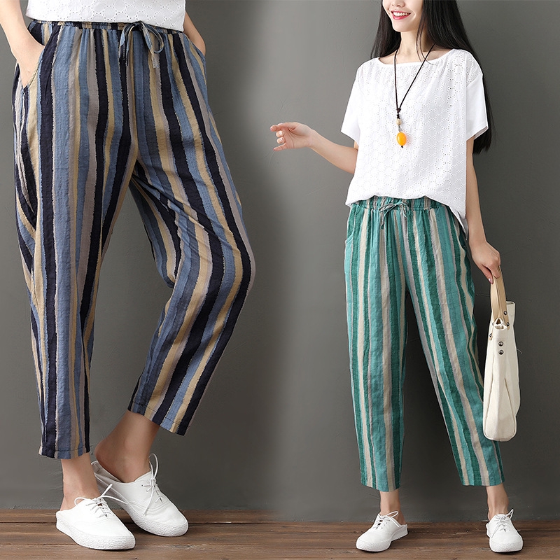 Women's trousers Vertical stripes cotton and linen loose thin elastic waist  nine points harem pants