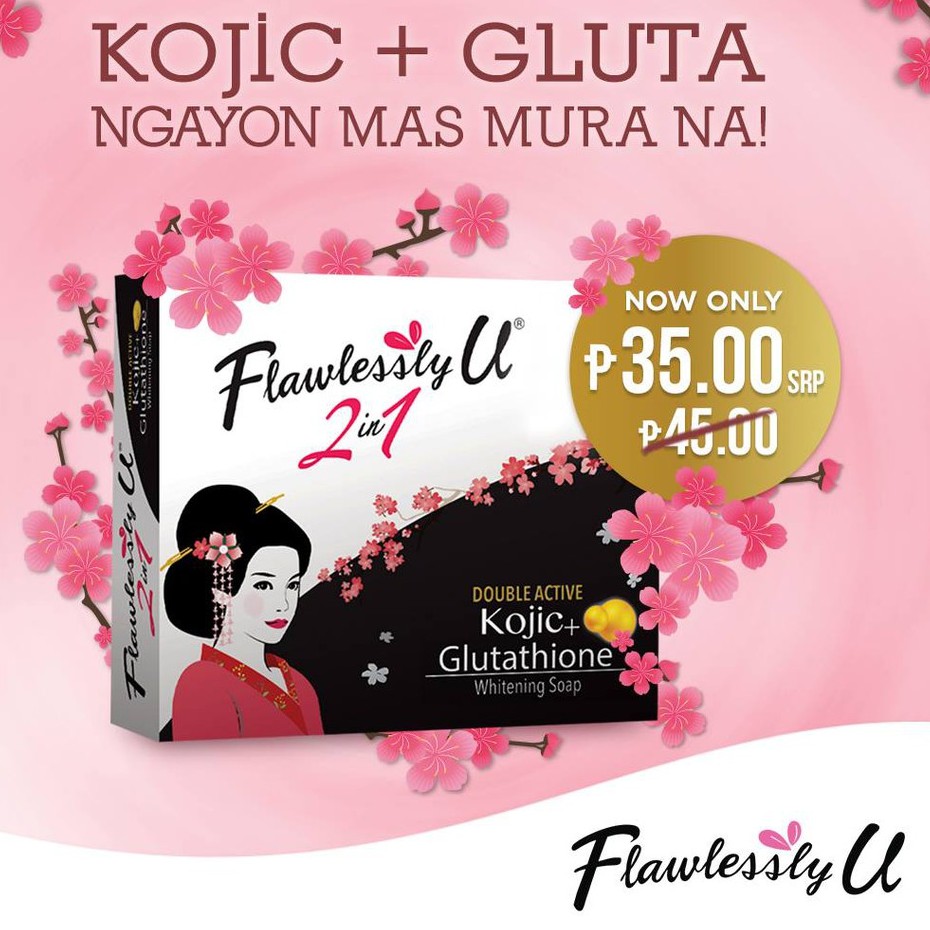 flawlessly u soap kojic glutathione Flawlessly U 2in1 Double Active Kojic Glutathione 65g. X 2 Bars!