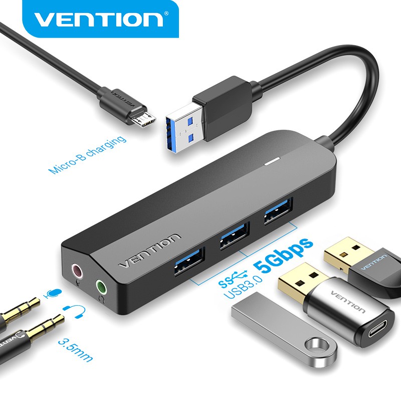 Vention USB 3.0 Hub Mix Sound Card with Power Supply 3 Ports High Speed ...