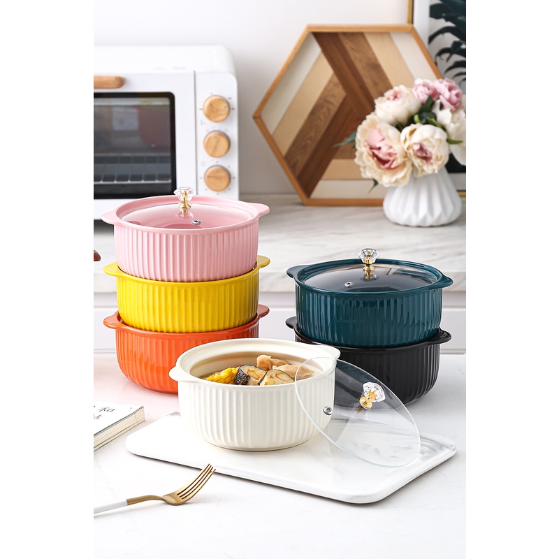 Ceramic Bowl with Lid Nordic Ceramic Pot Soup Bowl Noodle Bowl Nordic Bowl  Microwave and Oven