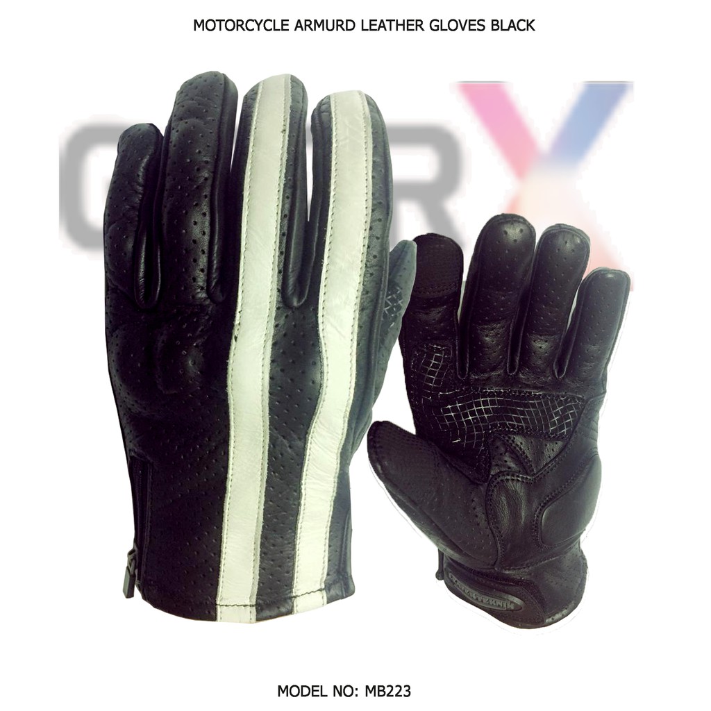 MOTORCYCLE LEATHER GLOVES BLACK/WHITE WITH SAFETY KNUCKLES MB223