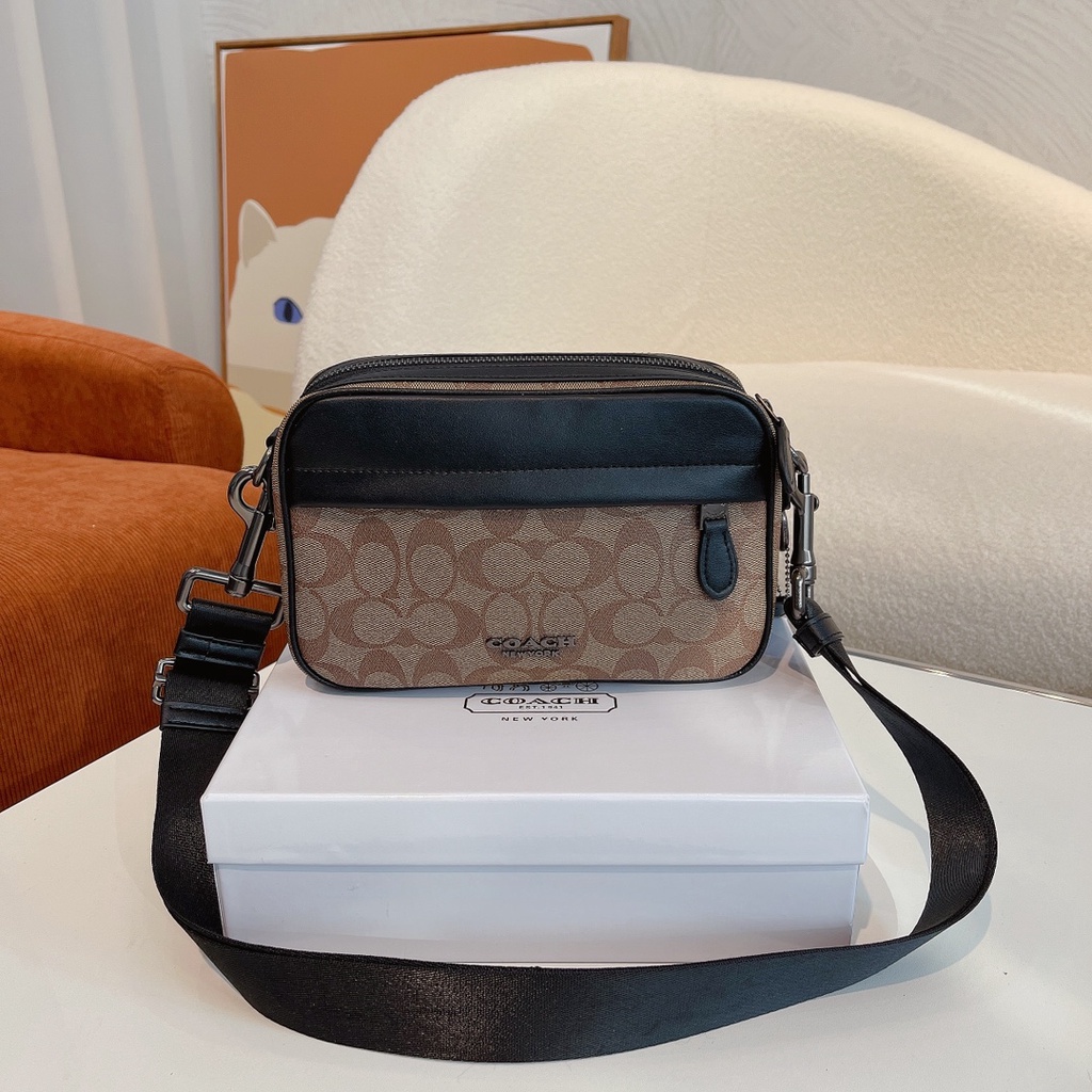 Spot goods coach sling bag men leather Cross Body Bags Double Zipper