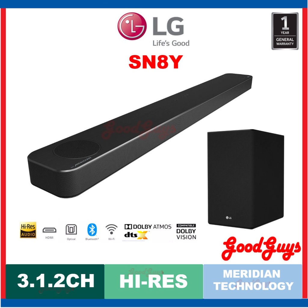 LG SN8Y 440W 3.1.2ch HiRes Dolby Atmos Sound Bar with Meridian